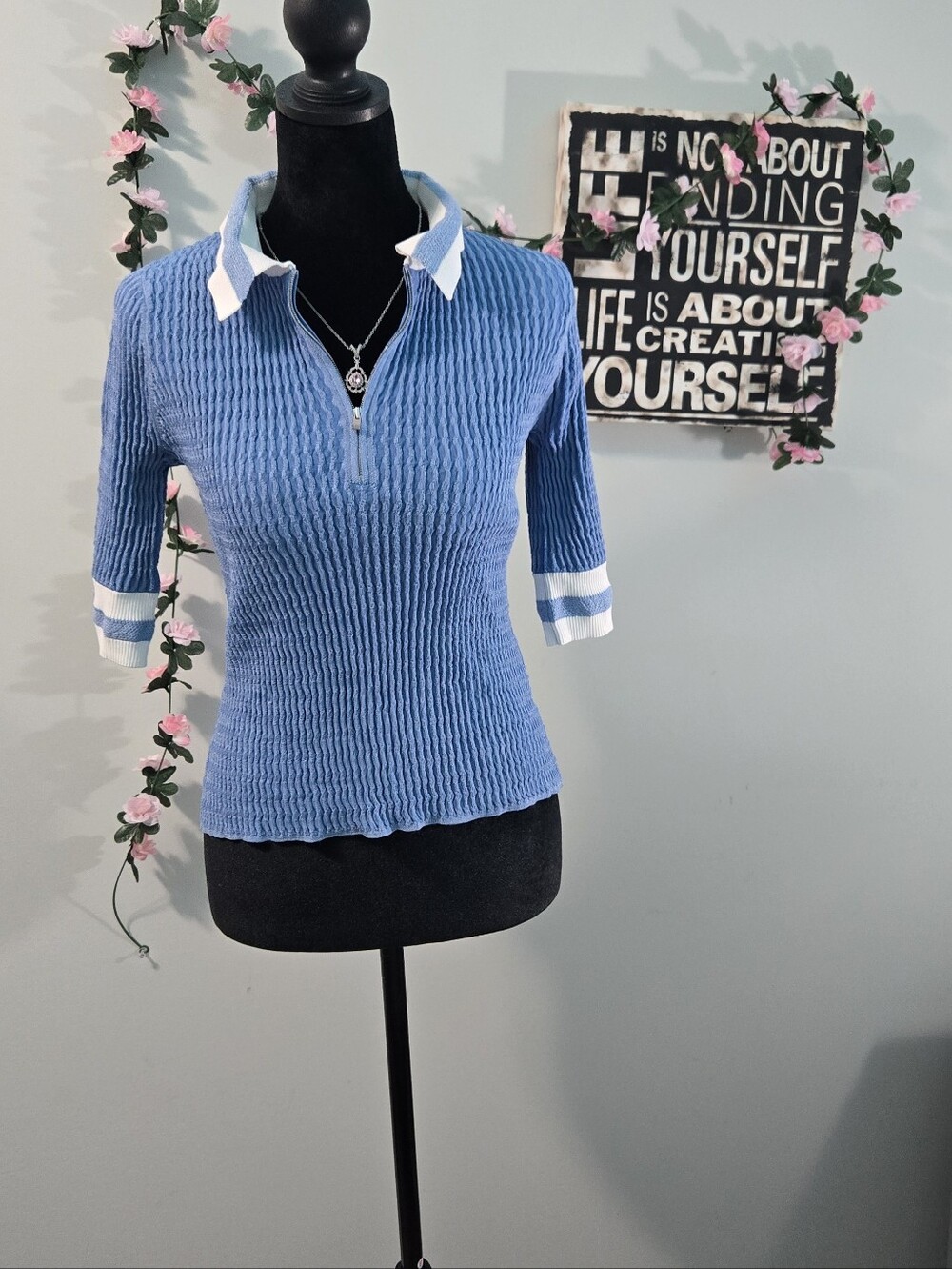Veronica Beard Blue Metallic Knit Zip Polo Top Short Sleeve Women's Small S